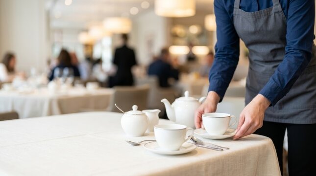 Waiter arranging a delicate tea set on a restaurant table with guests blurred in background, perfect for hospitality marketing