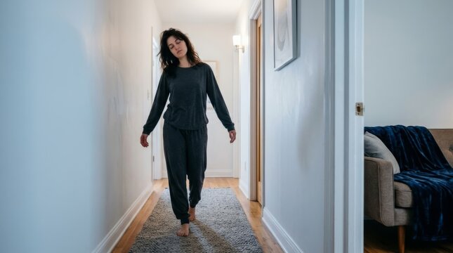 Woman sleepwalking down a dimly lit hallway at night in charcoal pajamas, conveying a sense of subconscious movement or unease.