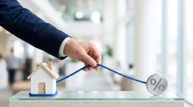 Hand holding rope connecting tiny house to percent token, symbolizing mortgage rates and affordability
