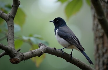 Obraz premium Small bird with black head and white belly sits on tree branch. Wild avian creature rests in green nature. Birdwatching hobbyist photo captures avian wildlife.