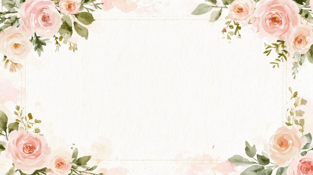 Elegant floral watercolor card design with blush roses, leaves and decorative frame