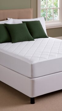Clean white quilted mattress protector on a bed with pillows for comfort