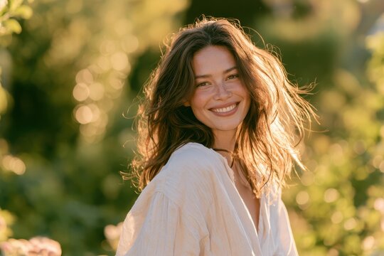 Candid portrait of a smiling young woman in warm golden hour light