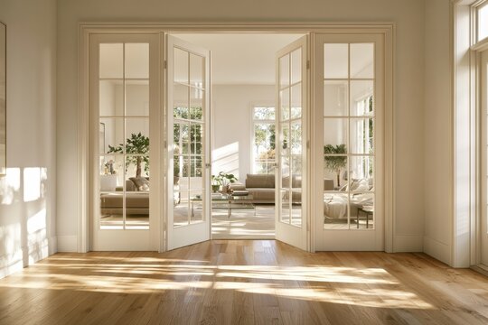 Elegant modern living room with French doors and a light neutral palette