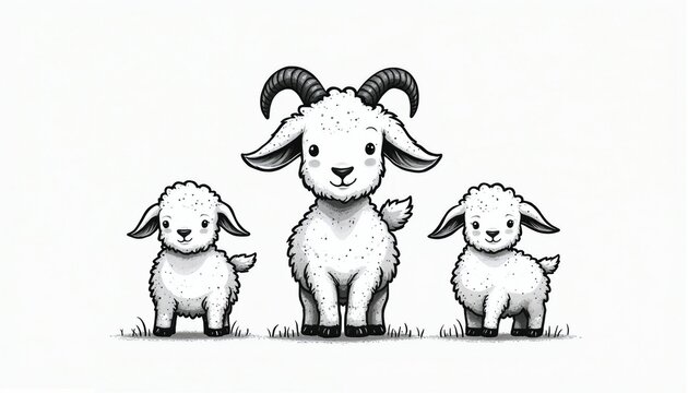 Cute illustration features central goat with horns flanked by two small lambs. Animal trio stands together on white background. Graphic design uses simple black white lines. Minimalist art style farm