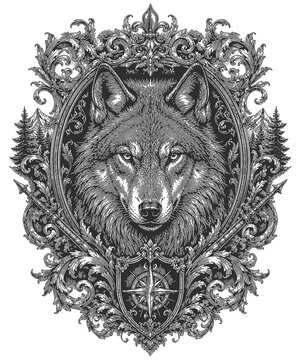 Fierce Wolf Heraldic Crest with Ornamental Baroque Engraving