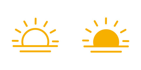 Yellow sun rising icon set with outline and solid flat design styles © mimo