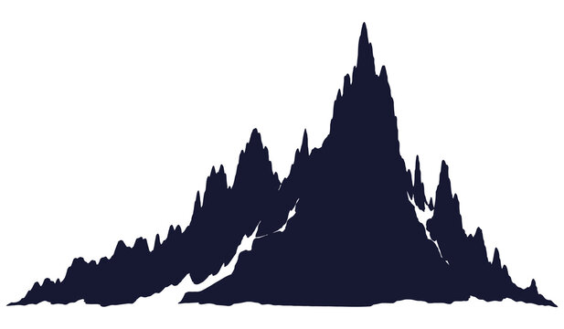 Dark silhouette illustration of a sharp jagged mountain range with rugged rocky peaks and steep ridges, isolated nature landscape graphic element on transparent background