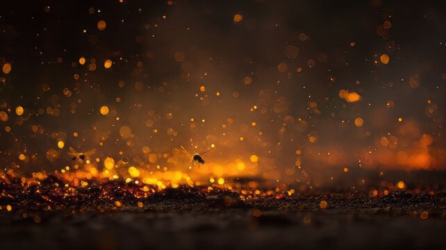 Glowing fire sparks on dark ground, cinematic burning embers with bokeh light, golden heat particles for overlay effect