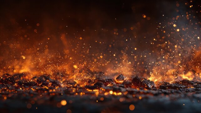 Glowing fire embers with flying sparks, burning charcoal and hot ash background, cinematic orange heat and smoke texture