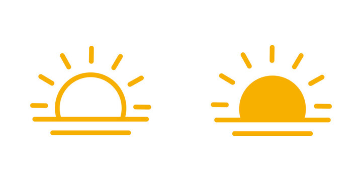 Yellow sun rising icon set with outline and solid flat design styles