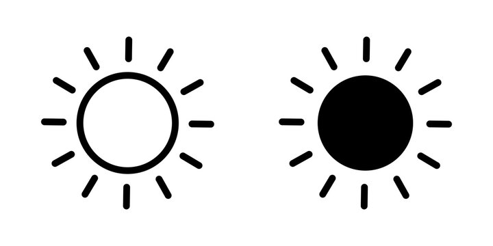 Black and white sun icons with sunshine rays for weather and light design
