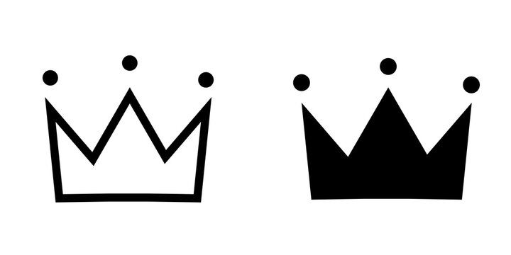 Black crown icons set with outline and solid shapes for royalty and king or queen symbols