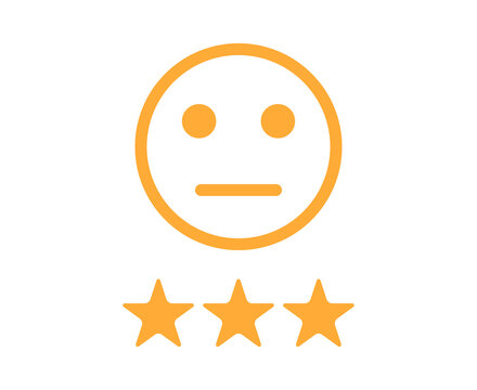 Orange flat icon of a neutral face emoji with three stars for customer review and feedback rating