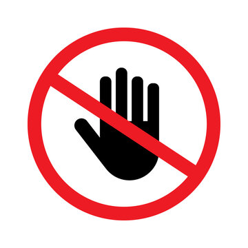 Red no entry sign with a black hand icon inside representing a forbidden action or do not touch