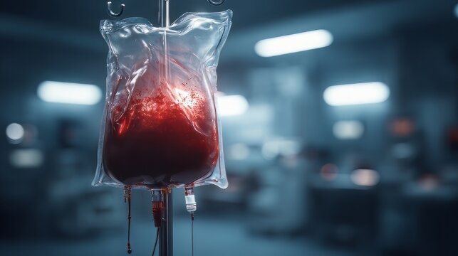 Medical blood bag hanging on IV pole in hospital, red plasma transfusion drip, emergency surgery room background