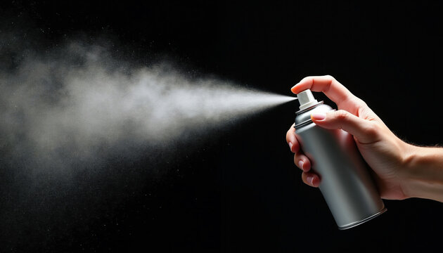 Hand holds silver spray can spraying white mist on black background. Aerosol dispensing fine particles. Modern container for personal care, cleaning, or art.
