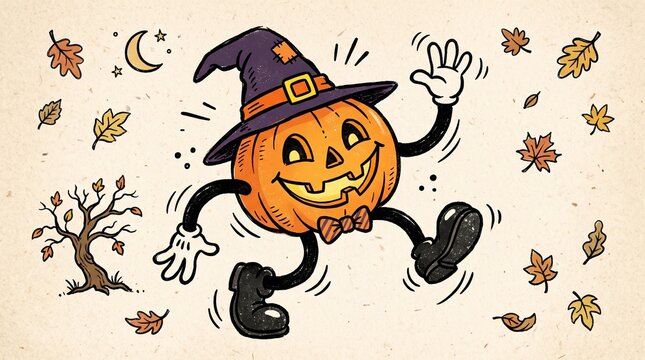 A vintage retro 1930s rubber hose style cartoon Jack-o'-lantern character wearing a witch hat. Halloween character theme.