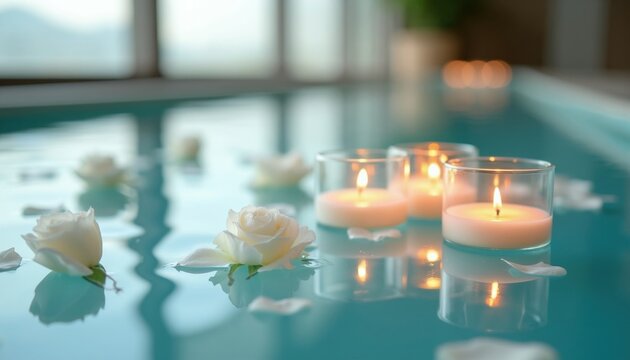 White rose flower petals float with lit wax candles in swimming pool water. Warm glowing flames reflect on calm surface inside modern luxury spa area. Elegant home interior setting provides peaceful