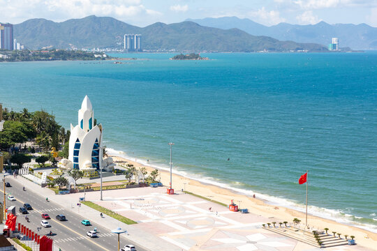 Nha Trang, Vietnam. View of Lotus Tower, an architectural symbol of Nha Trang, located in the center of the city embankment on the shore of the South China Sea