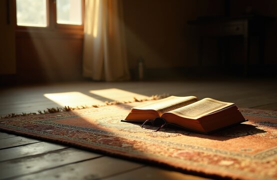 Open holy book Quran rests on patterned rug. Sunlight streams through window casting long shadows. Religious text awaits reader for prayer or study.