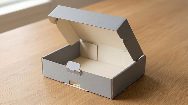 Open empty gray cardboard mailing box on a wooden table