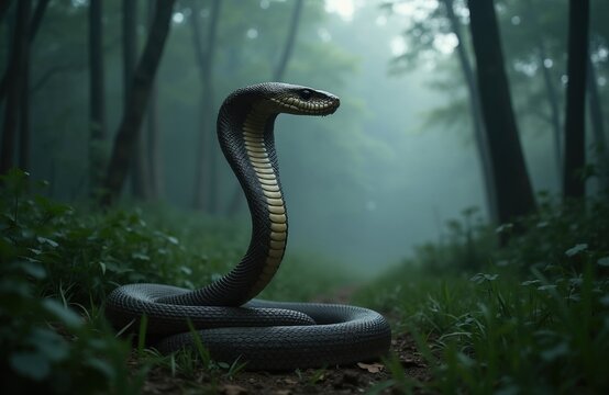 Black cobra snake stands alert in dark green forest. Reptile with raised hood poses on path inside foggy woodland environment. Predator sits in tall grass of tropical jungle landscape. Dangerous wild
