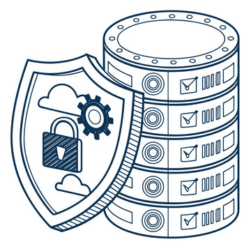 Data server security shield with padlock and configuration settings, security