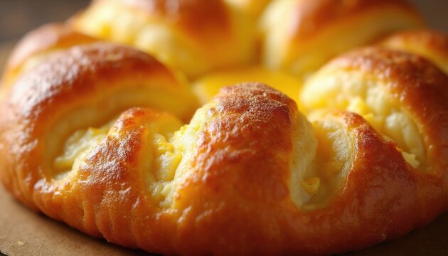 Golden brown pastry filling. Creamy sweet pastry center with flaky crust. Delicious baked dessert, perfect for bakery ads and food blogs. Tasty treat.
