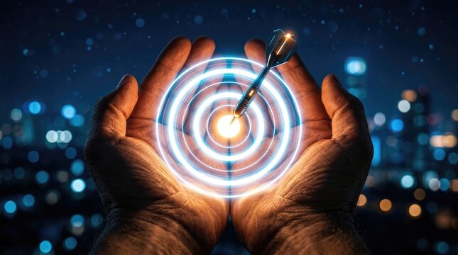 Human hands holding a glowing digital target with an arrow hitting the bullseye representing business success and strategy