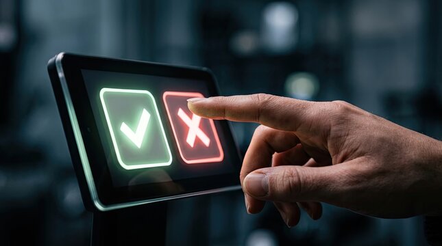 A human finger pressing a digital screen showing green check mark and red cross icons for decision making