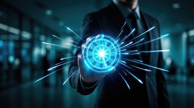 Businessman using digital interface with glowing blue light circles and particles in a modern office setting