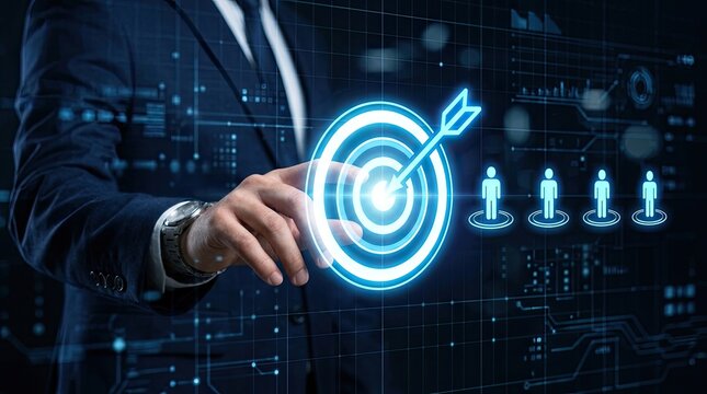 Business professional using digital interface to select target audience and achieve strategic marketing goals in modern corporate environment