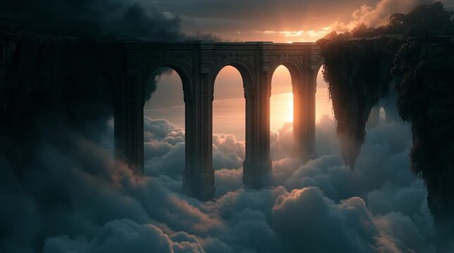 Elegant stone bridge connecting two floating islands suspended above the clouds, with one side dark and stormy and the other glowing in warm sunrise. Surreal landscape symbolizing transition and duali