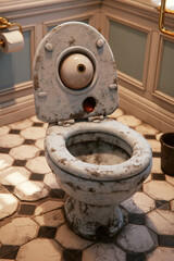 Fototapeta premium toilet art, horror dirty toilet with a large single eye on the lid in a pink paneled room, photorealistic