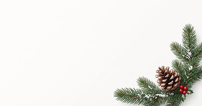 Minimalist christmas background featuring a festive evergreen branch with pine cones and red berries isolated on a clean white surface space