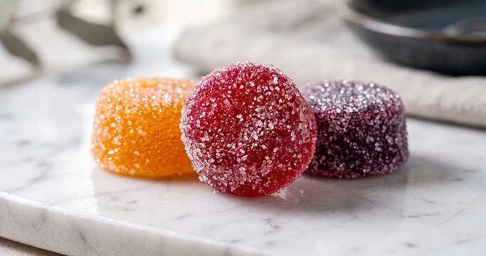 A vibrant and delightful close up showcases three uniquely textured and colored frozen desserts potentially sorbets or ice creams creating a visually