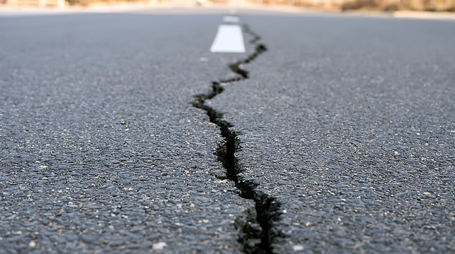 Severe Asphalt Fracture: Close-Up of a Deep Crack in a Road Surface, Indicating Damage and Instability