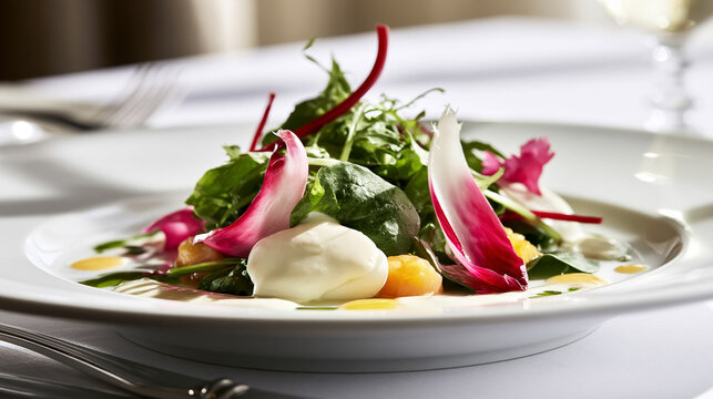 Fresh gourmet salad prepared with vibrant greens, radicchio, burrata cheese, and juicy citrus segments, drizzled with vinaigrette