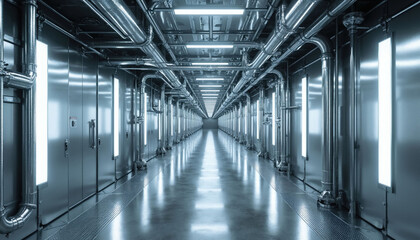 Obraz premium Long metallic corridor of high tech laboratory with shiny steel pipes, bright overhead led lights. Modern industrial hallway design shows futuristic engineering inside clean facility. Symmetry of