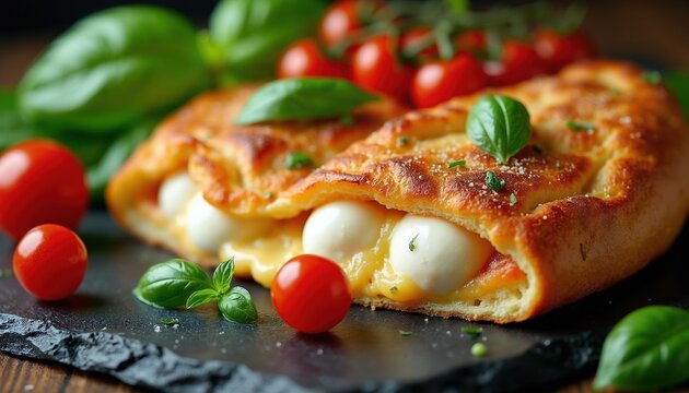 Golden baked calzone stuffed with melted mozzarella cheese balls on dark slate table. Fresh red cherry tomatoes, green basil leaves surround pastry. Hot delicious italian meal served for lunch.