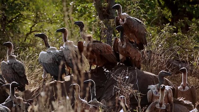 Group of  White backed Vulture scavenging on old elephant carcass and flying away backlit at dawn in Greater Kruger National park, South Africa ; Specie Gyps africanus family of Accipitridae