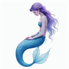 Fototapeta premium Fantasy mermaid with purple hair and blue tail sits looking down. Watercolor style illustration of mythical sea creature. Female with fish body and human top half in artistic pose.