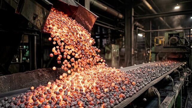 Hot direct reduced iron pellets falling onto a conveyor belt
