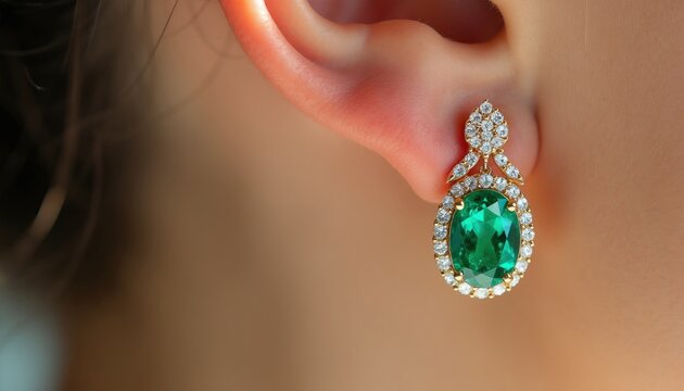 Macro shot of woman wearing elegant gold earring with large green emerald stone, small diamonds. Close up view of earlobe with luxurious jewelry accessory. Pro fashion model skin, makeup style for