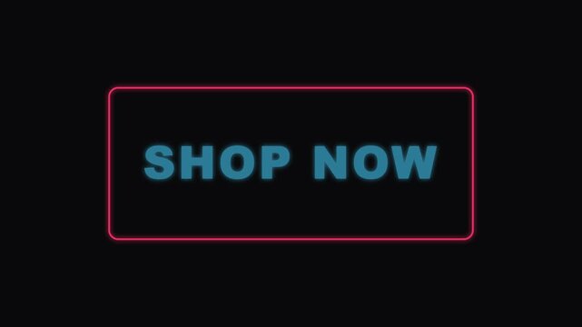 Neon shop now button animation with glowing blue text and red border for e-commerce marketing and digital sales promotions 4k