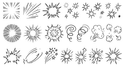 Doodle set of comic explosion elements, hand drawn vector icons and line art outline illustration for action concept © Hanzala's vectors 