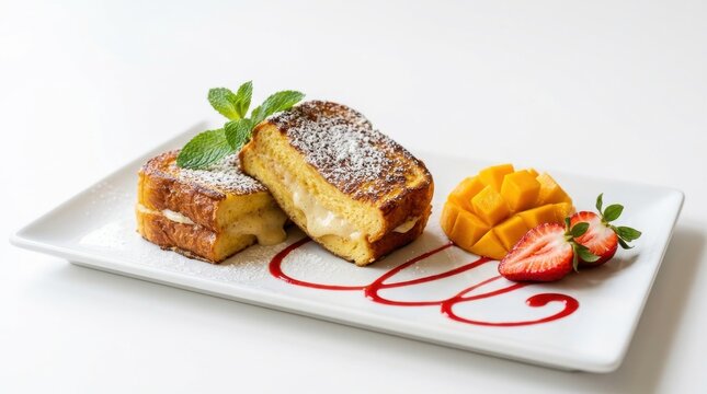 Gourmet french toast with cream filling, powdered sugar, mango, and strawberries on white plate.