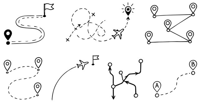 Doodle set of travel routes and navigation pins, hand drawn vector icons and line art illustrations for journeys and maps.