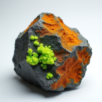 Natural uranium ore sample features glowing lime green crystals on dark grey rock. Bright orange dusty mineral deposits cover rough stone surface. Radioactive earth material sits on clean white